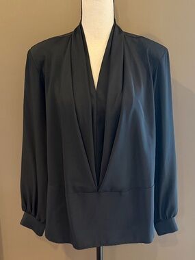Vintage Black Peplum Blouse Pleated 80s Disco Top Office Business, Size 14